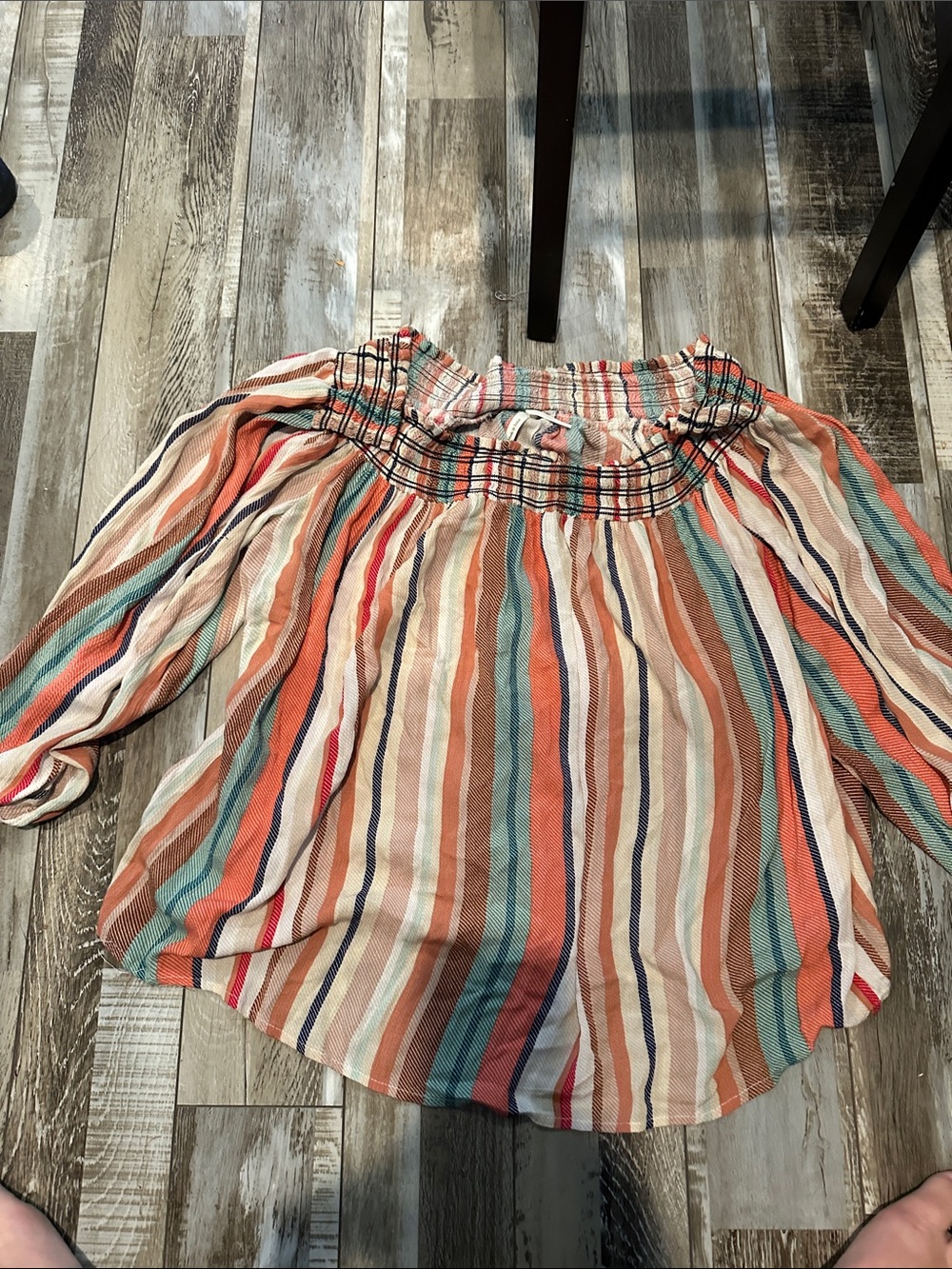 Truth Striped Off-Shoulder Blouse in Coral, Teal & Navy